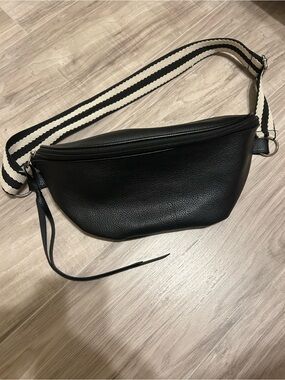Black Leather Crossbody Belt Bag with Striped Canvas Strap